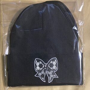 Womens Black Beanie with Soccer Bow Accent